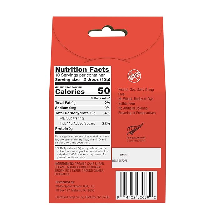 Wedderspoon Organic Manuka Honey Drops, Ginger & Echinacea, 20 Count (Pack of 1) | Genuine New Zealand Honey | Perfect Remedy For Dry Throats