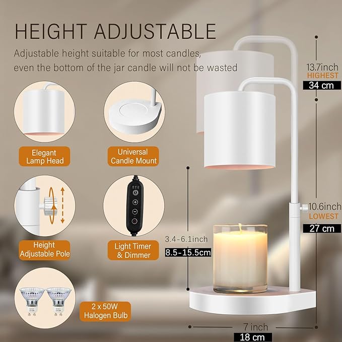 Candle Warmer Lamp 2 Pack Adjustable Height Dimmable Candle Lamp Warmer with Timer Compatible with Large Jar Candles No Flame Scented Candle Warmer with 2 Bulbs Mothers Day Gift -White