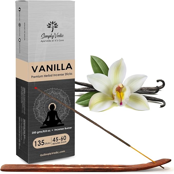 Simply Vedic Vanilla Incense Sticks – 250g Pack (Approx. 135 Handmade Agarbatti + Free Holder) | Charcoal-Free | Natural Essential Oils for Meditation, Sleep, Mood, Yoga & Aromatherapy Use