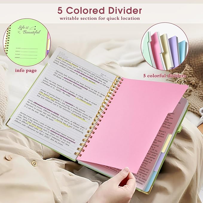Hardcover Spiral Notebooks for Work, 5 Subject Notebook College Ruled with Dividers Tabs, 8.5" x 11" Lined Notebook Journal for Women, A4 Large Notebooks for School Note Taking, 240 Pages Pink