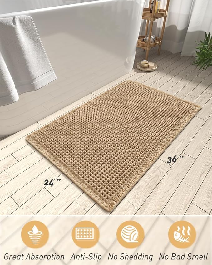 AMOAMI Upgraded Waffle Bath Mat, Super Absorbent Non Slip Bath Mats for Bathroom Floor, Machine Washable Bathroom Rugs with Tassels, Rubber Backed Bathroom Mat, Ultra Soft, Brown, 24" x 36"