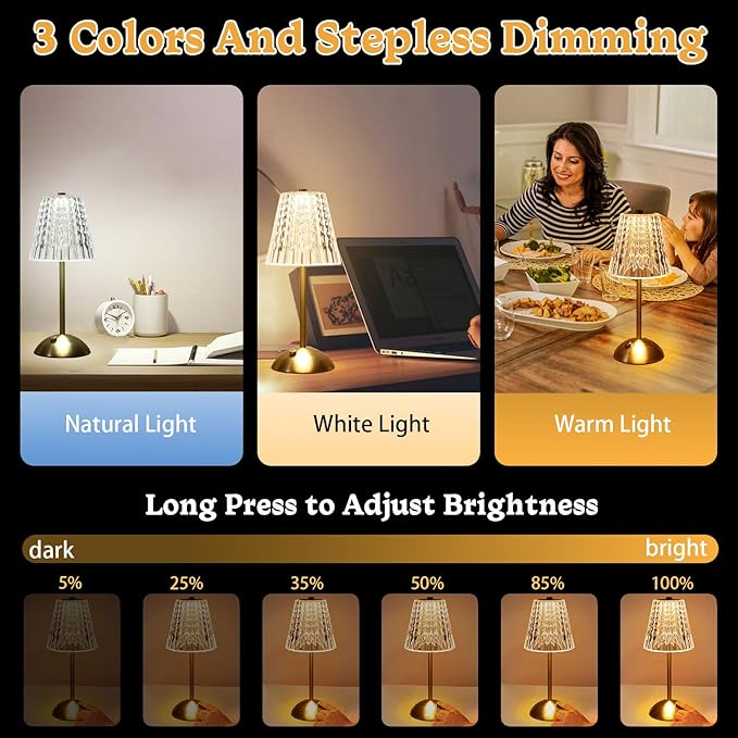Cordless lamp,Dimmable Crystal Table Lamp 3 Colors LED Gold Lamp,Touch Lamp Diamond Crystal Lamp, Rechargeable Small Lamp, Wireless Lamp Vintage Lamp for Bedroom Living Room Bathroom Hotel Bar