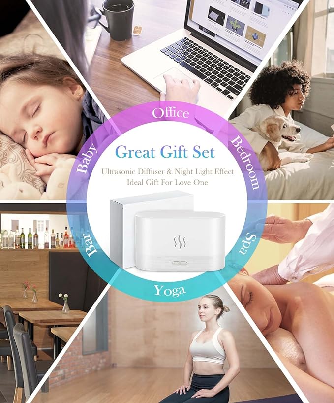 Essential Oil Diffuser,Humidifier with 7 Colors Flame Light,180ml Air Humidifiers for Bedroom, Home, Office, Gifts - Portable,Auto-Off Protection,4 Modes Mist(White)