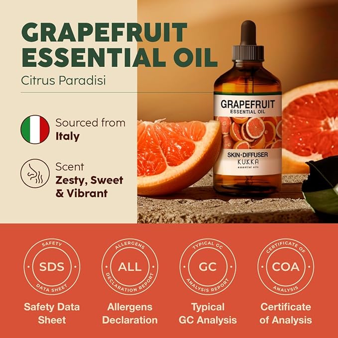 KUKKA Grapefruit Essential Oils - 4 Fl Oz - for Hair, Skin, Diffuser, Aromatherapy & DIY Soap Making Scent