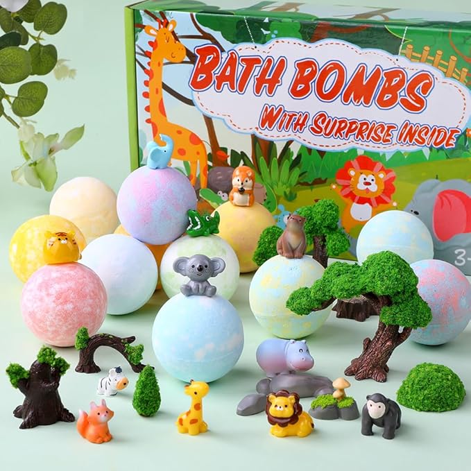 JOICEE Bath Bombs for Kids with Surprise Inside, 12 Pack Organic Natural Bath Bombs with Jungle Animal Toys Mini Model Trees Stones for Boys Girls Birthday Christmas Gift Set