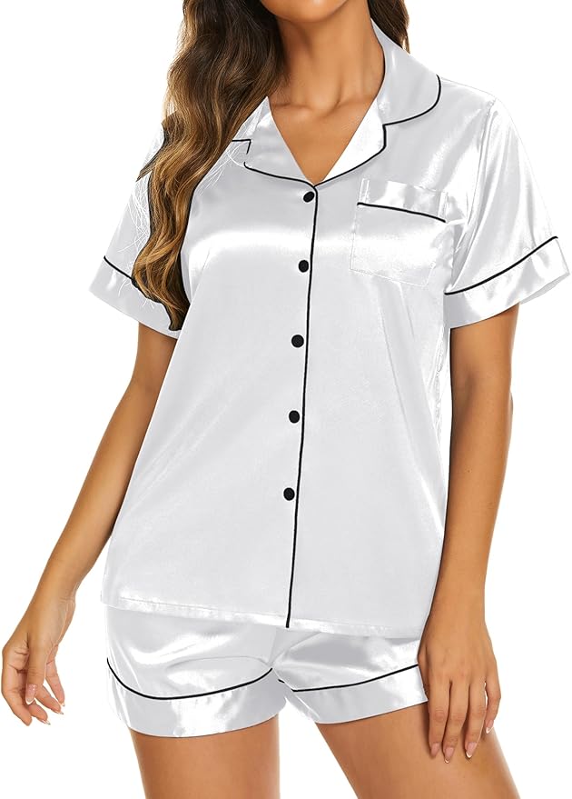 Ekouaer Silk Pajamas for Women Short Sleeve Sleepwear Soft Button Down Loungewear 2 Piece Satin Pjs Shorts Set S-XXL