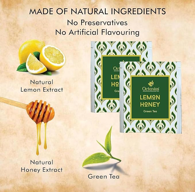 Octavius Lemon Honey Green Tea Bags – Pack of 50 Enveloped Tea Bags | Refreshing & Aromatic Blend with Natural Lemon and Honey | Antioxidant-Rich Green Tea for Detox & Immunity