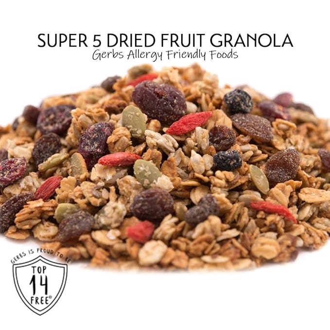 Gerbs Super 5 Fruit Granola, 2 LBS - Top 14 Food Allergy Free & Non GMO - Unsulfured & Keto Safe - Cranberry, Blueberry, Goji Berry, Cherry, Raisin