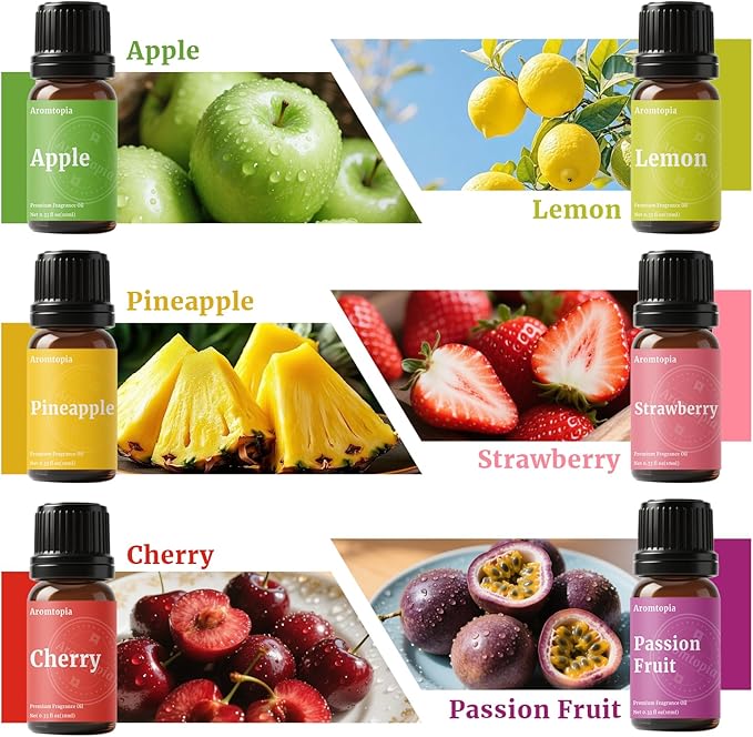 Fruit Fragrance Oils, Aromtopia 6x10ml Fruity Fragrance Oil for Candle Soap Making, Premium Home Essential Diffuser Oil Scents, Strawberry, Pineapple, Lemon, Cherry, Passion Fruit, Apple