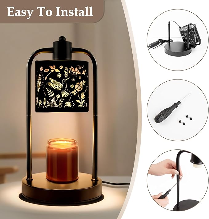 Candle Warmer Lamp Electric with Timer: Wax Melts Warmer - Dimmable Candle Warmer with Replacement Bulbs, Bedroom Home Decor Compatible with Various Candles (Black-Hummingbird)