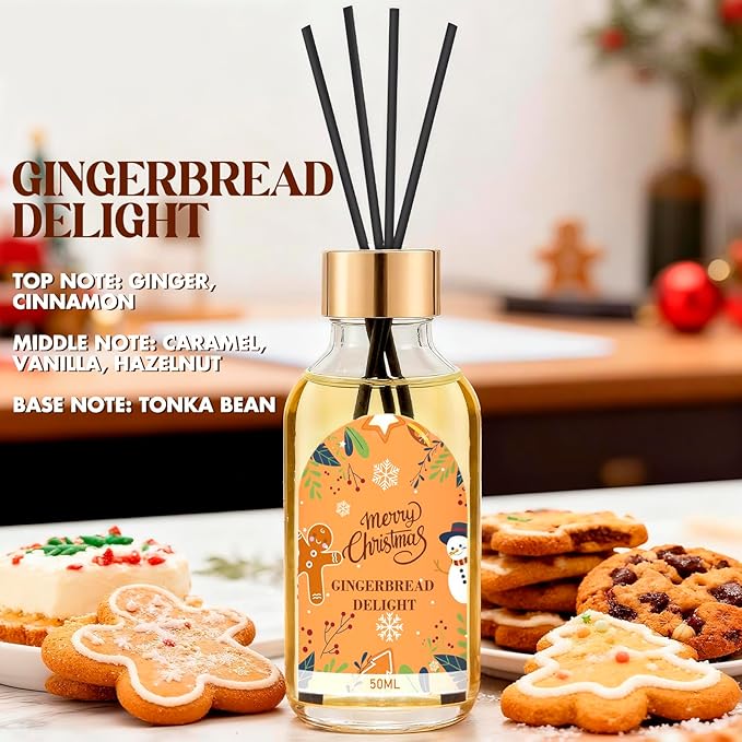 Reed Diffuser of 3 Pack, Fir & Cedar Gingerbread Delight Christmas Apple Oil Diffuser Set with 15 Sticks, Bathroom Air Freshener, Aromatherapy Reed Diffusers for Home, Office, Gift, Total 5.1 Fl. Oz