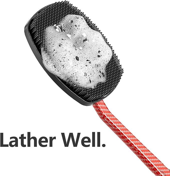 New Carbon Fiber- Red Silicone Back Scrubber for Shower, Back Shower Brush with Long Handle Back Scrubber for Men and Women