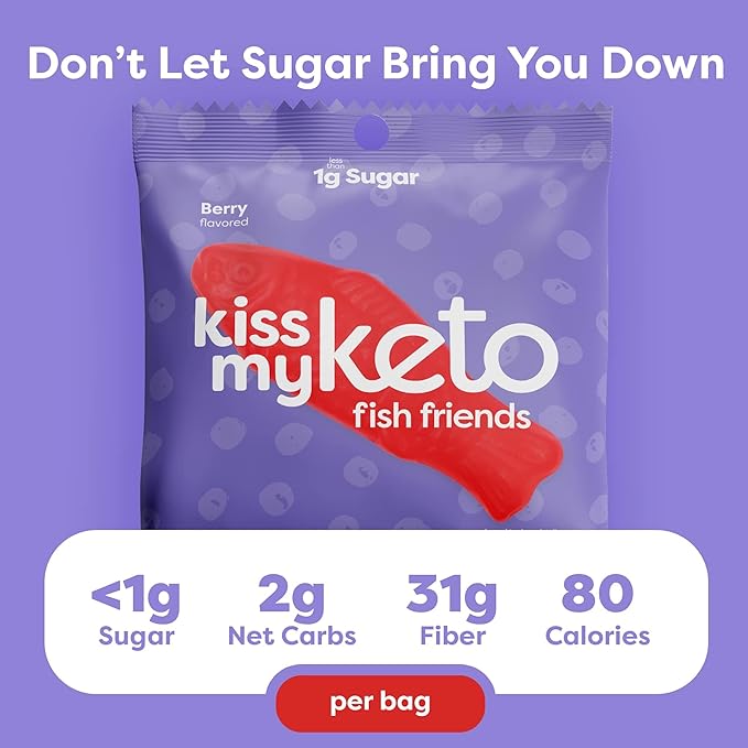 Kiss My Keto Sugar Free Gummies, Gummy Fish 12-Pack – Satisfy Cravings while Staying in Ketosis – High Fiber, 2g Net Carbs, Non-GMO, Vegan, & No Gluten – Calorie-Friendly Vegan Candy