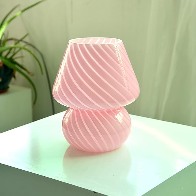 jonong Bedside Lamp Glass Striped Mushroom Table Lamp 110V Creative Gift Night Light (Pink)
