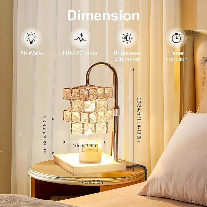 Candle Warmer Lamp Dimmable Wax Melt Warming Lamp with Timer Scented Wax Candle in Jar During Bathing & Yoga & Meditation with 2 Bulbs Home Decor Gift for Female (Diamond Square)