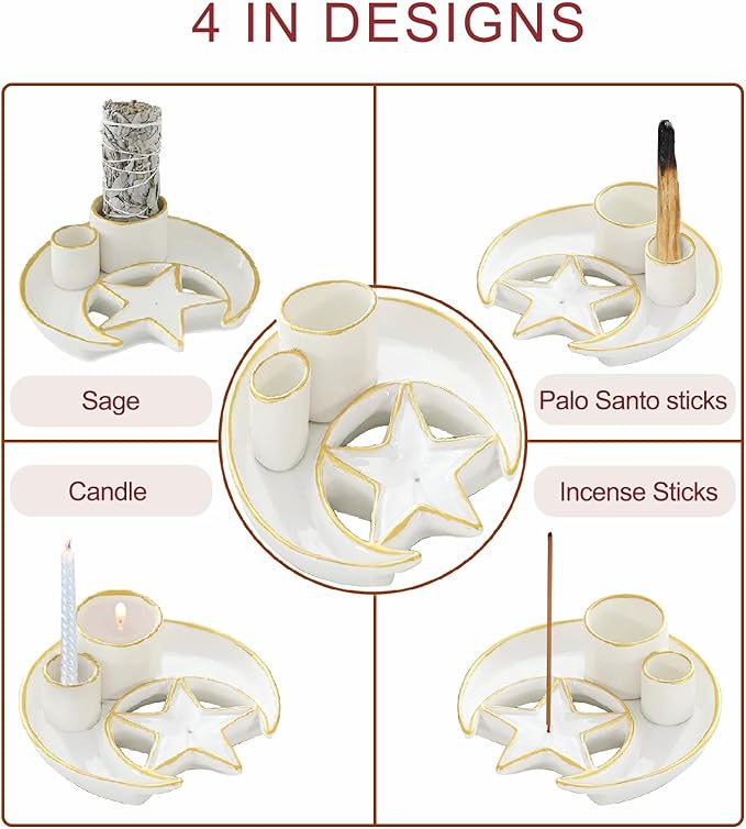 Incense Holder,4 in 1 Palo Santo Holder for Burning Sage and Sticks,5.9" Ceramic Incense Burner,White Candle Holder Ash Catcher Tray for Meditation Home Zen Decor Gift
