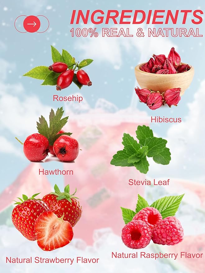 TeeLux Strawberry Hibiscus Iced Tea, Natural Hibiscus Tea with Stevia and Rosehip, Tangy & Sweet Flavor, Caffeine Free, 100 Count