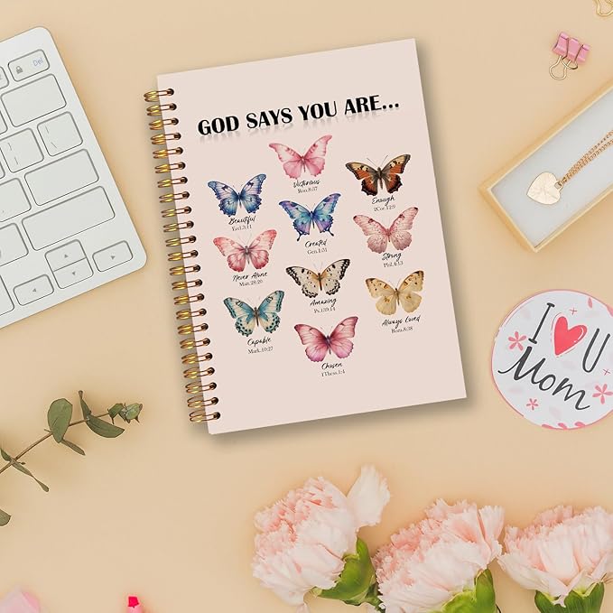 Butterfly Christian Spiral Notebooks, God Says You Are Bible Journal, Scripture Journals for Writing, Christian Gifts for Women, Religious Notebook for Note Taking, 5.5x8.3 Inch