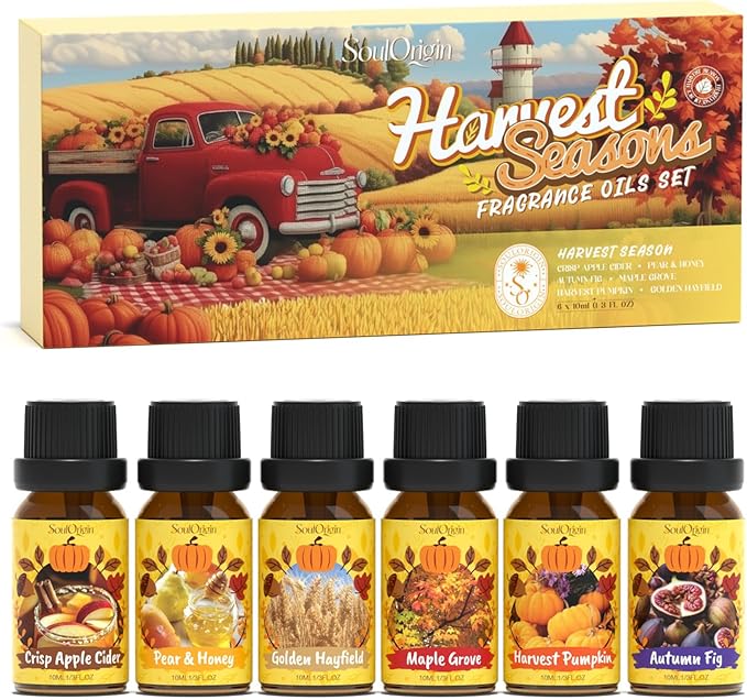 Harvest Fragrance Oils Set, Essential Oil for Diffuser, Fall Diffuser Oil, Use for Soap Candle Making-Crisp Apple cider, Pear&Honey, Golden Hayfield, Maple Grove, Harvest Pumpkin,Autumn Fig