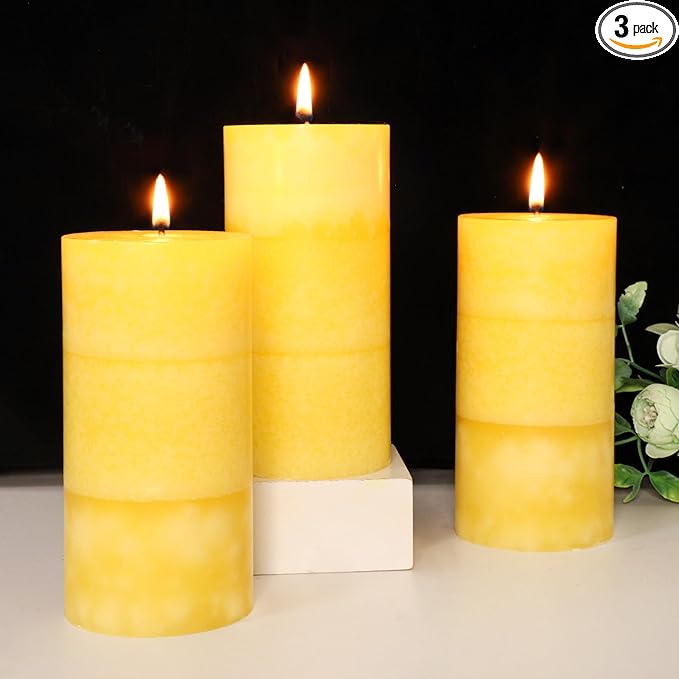 3 x 6 Inches Pillar Candles Lemongrass Scented Yellow Decorative Rustic Candles Citrus Scent Clean Burning Hand-Poured Large Candles for Home Aesthetic Relax Spa Bathroom Wedding Decor