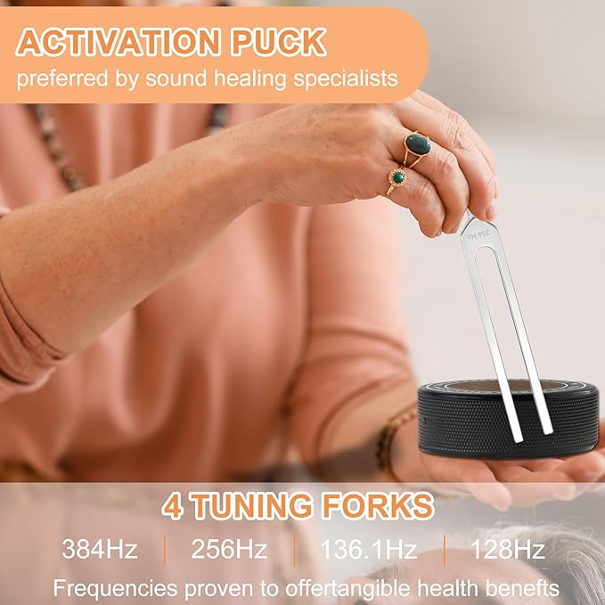 Tuning Forks for Healing Set – Includes 128Hz, 136Hz, 256Hz, 384Hz, & Activator, Bamboo Base, Rubber Hammer, Portable in Black Luggage – Sound Healing Instruments for Chakra, Yoga, and Meditation