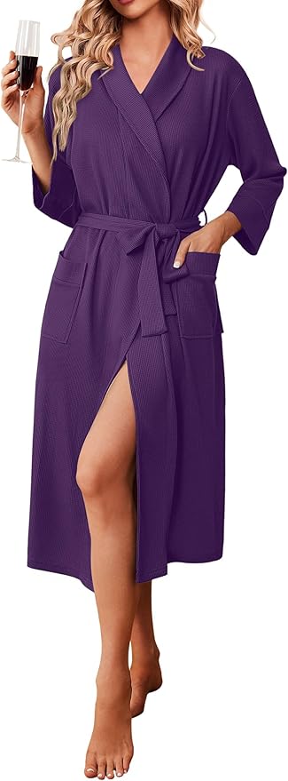 Ekouaer Robes for Women Long Waffle Knit Bathrobe Lightweight Kimono Robe Soft Shawl Collar Spa Robes with Pockets S-XXL