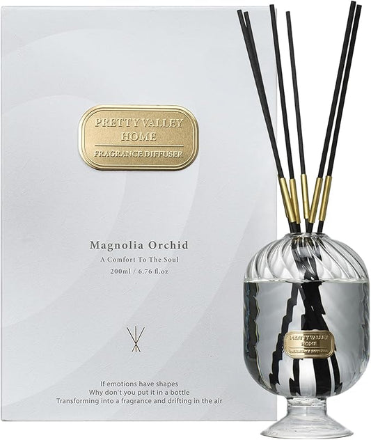 Reed Diffuser Set, Pretty Valley Home Diffuser 200Ml / 6.76 fl OZ Gift Box - Includes Reed Diffuser Sticks, Long Lasting Fragrance Oil and Glass Bottle for Office Living Room Decor (Magnolia Orchid)