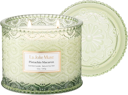 LA JOLIE MUSE Fall Candles | Pistachio Macaron Candle – Pistachio, Milk & Vanilla | 12 oz Double Wick Soy Candle | Natural Soy Wax | 60 Hours Clean Burn | Gift for Dessert Lovers | Seasonal Home Décor