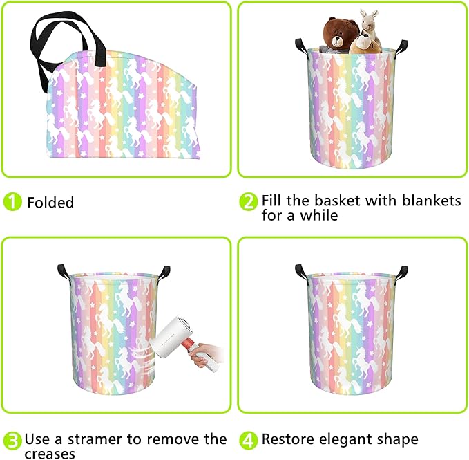 Cute Unicorns on Rainbow Stripes Laundry Basket Foldable Laundry Hamper Oxford Cloth Large Laundry Basket Clothes Storage Bucket Toy Organizer For Bathroom,Laundry,College 17.3 x16.5 Inch