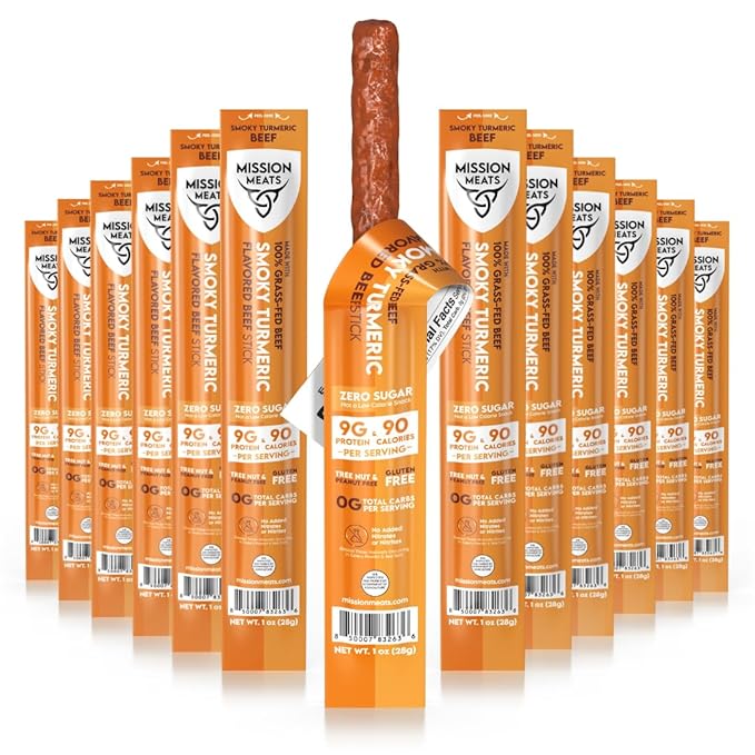 Mission Meats Beef Sticks – 100% Grass Fed & Pasture Raised, Sugar Free, Individually Wrapped Healthy Snacks, Whole 30 & Paleo Friendly, Smoky Turmeric 1oz (Pack of 24)
