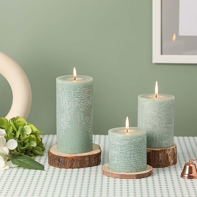 3x3 Inch Sage Green Pillar Candles Set of 3 - Unscented Spring Candles, Long Clean Burning, Large Big Candles, Smokeless Dripless Candles for Spring Home Decor, Dinner Table, Bathroom, Rustic Decor
