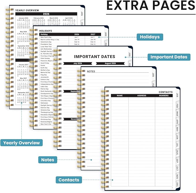 2026 Planner, Monthly and Weekly Calendar Planner for Women, January 2026 - December 2026, Hardcover Pretty 2026 Agenda Planner Book with Tabs, Spiral Bound, Perfect for School Office Home Supplies, 6.3" x 8.5" - Golden Elegance