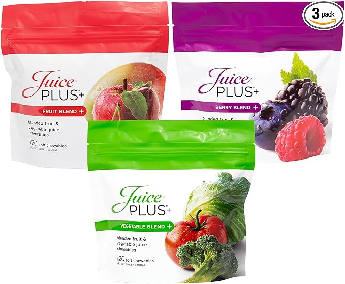 JuicePlus+ Fruit, Vegetable & Berry Blend Soft Chews (Chewables) - 30 Plant-Based Ingredients! Vegan Gummies for Kids & Adults - Gluten-Free, Non-GMO, No HFCS - Prepacked 3 pouches (30 Chews Each)