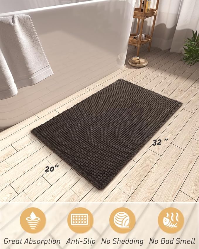 AMOAMI Upgraded Waffle Bath Mat, Super Absorbent Non Slip Bath Mats for Bathroom Floor, Machine Washable Bathroom Rugs with Tassels, Rubber Backed Bathroom Mats, Ultra Soft, 20" x 32", Chocolate