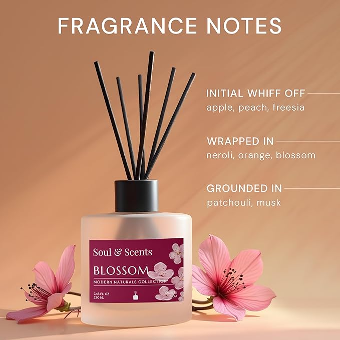Soul & Scents Reed Diffuser Set – Blossom | 7.43 oz Refillable Scented Oil with 6 Fiber Sticks | Long-Lasting Home Fragrance & Air Freshener for Bedroom, Bathroom, Office | Gift & Décor Piece