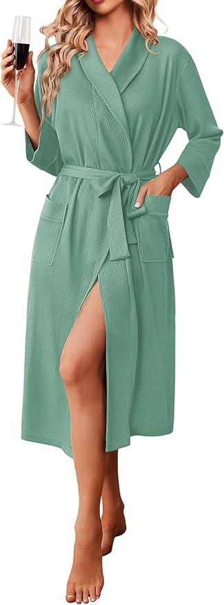 Ekouaer Robes for Women Long Waffle Knit Bathrobe Lightweight Kimono Robe Soft Shawl Collar Spa Robes with Pockets S-XXL