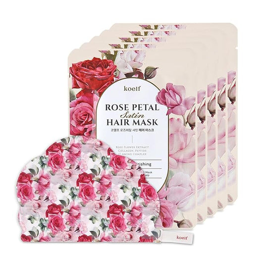 Koelf PETITFEE Rose Petal Satin Hair Mask - Intensive Nourishing & Repairing Cap Mask for Silky, Moisturizing Hair, Strengthens Scalp, Rose Essence Treatment (5ea)