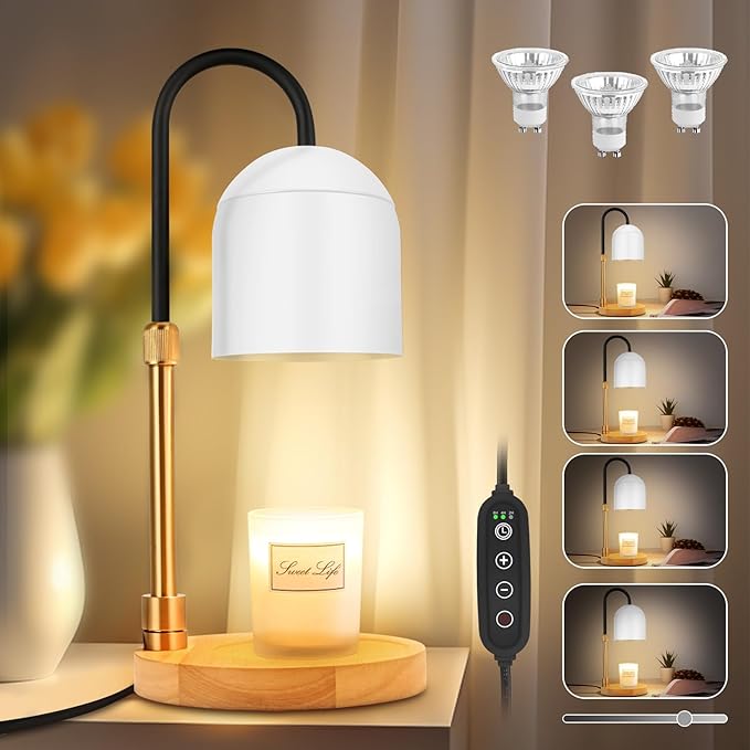 Candle Warmer Lamp with Timer & 3 Bulbs, Dimmable Electric Candles Light Adjustable Height and Brightness, Candle Wax Warmer for Jar Bedroom Home Decor House Warming Gift (Round White)