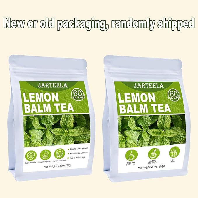 Jarteela Lemon Balm Tea, 1.5g x 60 Count - Natural Melissa Officinalis - Pyramid Herbal Lemon Balm Tea Bags for Digestion - Non-GMO - Caffeine-Free