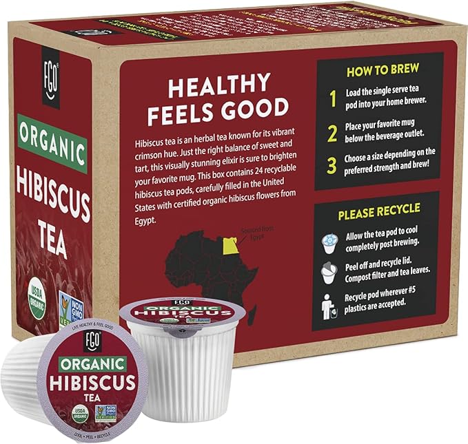 Organic Hibiscus Herbal Tea K-Cup Pods, 24 Pods by FGO - Compatible with Keurig - Naturally Caffeine-Free Tea, Premium Green Tea is USDA Organic, Non-GMO, & Recyclable