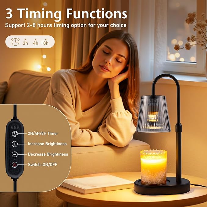 Candle Warmer Lamp with Timer Electric - Wickless Warming Light Height Adjustable Dimmable No Flame Heat Warm Melt Wax Scented Table Lights Elegant Modern Home Decor for Jar Candles Living Bedroom