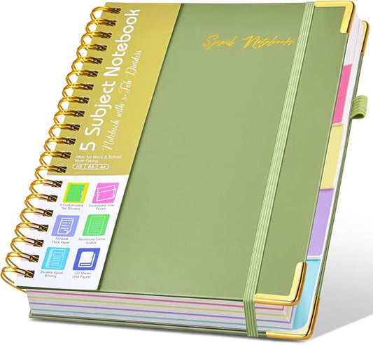 Hardcover Spiral Notebooks for Work, 5 Subject Notebook College Ruled with Dividers Tabs, Lined Organizer Notebook Journal for Women, 240 Pages Small A5 Notebooks for School Note Taking, 5x7 Green