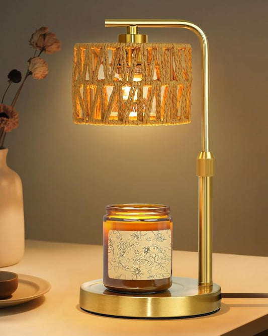 Candle Warmer Lamp with Timer, Dimmable Candle Warmer for Jar Candles, Height Adjustable Wax Melts Warmer, Boho Rattan Lampshade and 2 Bulbs, Gift for Home Room Decor, Gifts for Women Mom (Gold)