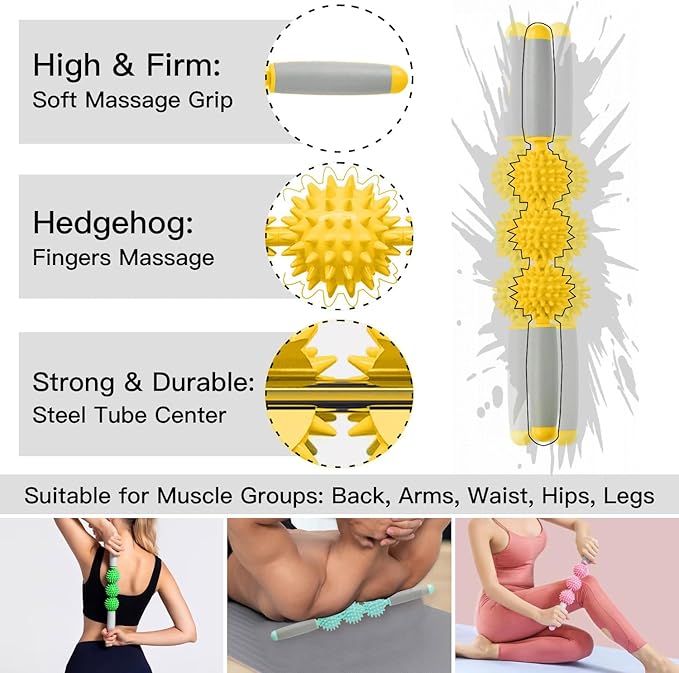 Fascia Muscle Roller, Cellulite Massager Fascia Roller for Cellulite and Sore Muscles, Neck, Leg, Back, Pressure Trigger Point Body Roller Deep Tissue Massage Stick Tools - 3 Massage Balls