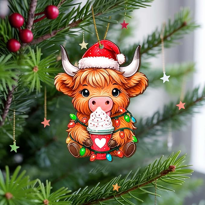 Farmhouse 2 Side Printed Wooden Ornament, Farm Animal Tree Decoration, Baby Highland Cow Ornament, Holiday Hanging Keepsake Gift for Christmas