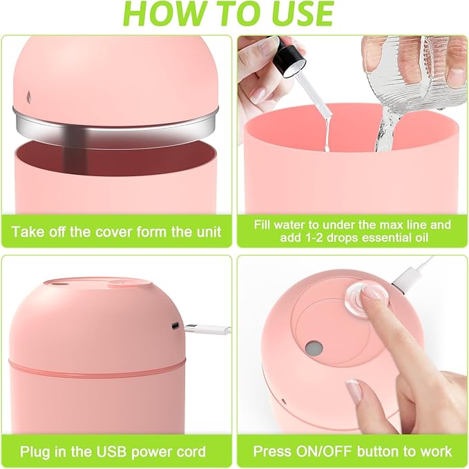 220ml Mini Essential Oil Diffuser for Desk, Small Humidifiers for Bedroom Aromatherapy Diffusers for Home Fragrance Aroma Diffuser with Night Light & Auto-Off Pink