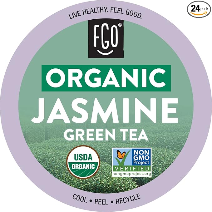 FGO Organic Jasmine Green Tea K-Cup Pods for Keurig, 24 Count (Pack of 1), Premium Green Tea is USDA Organic, Non-GMO, & Recyclable with Naturally Occurring Caffeine