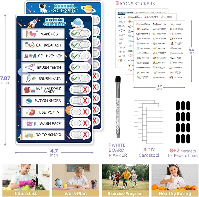 3 in 1 Bedtime/Morning/Weekly Astronaut Routine Chart for Kids, Magnetic Chore Chart for Toddlers, Visual Schedule for Kids Toddlers Schedule Board for Home