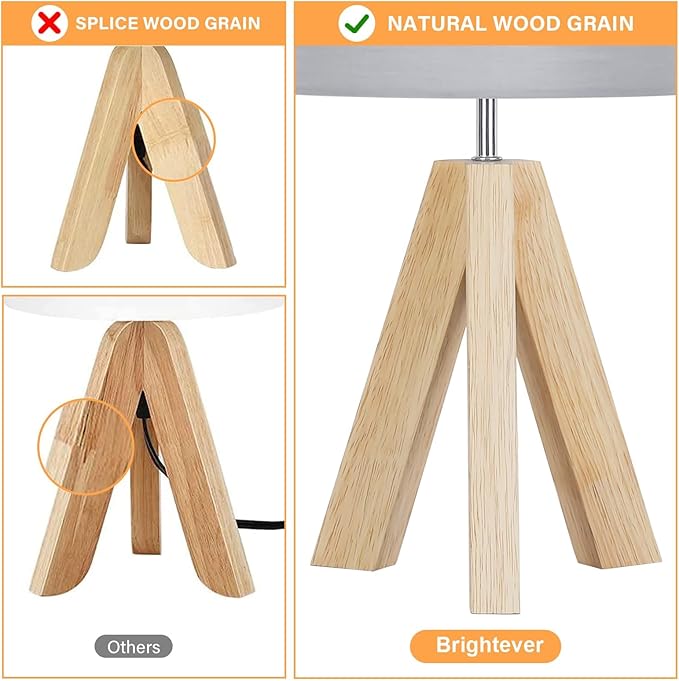 Brightever Small Bedside Table Lamp, Wooden Tripod Modern Table Lamp with Grey Linen Fabric Shade, Farmhouse Nightstand Lamp for Living Room, Bedroom, Home, Nursery, Office