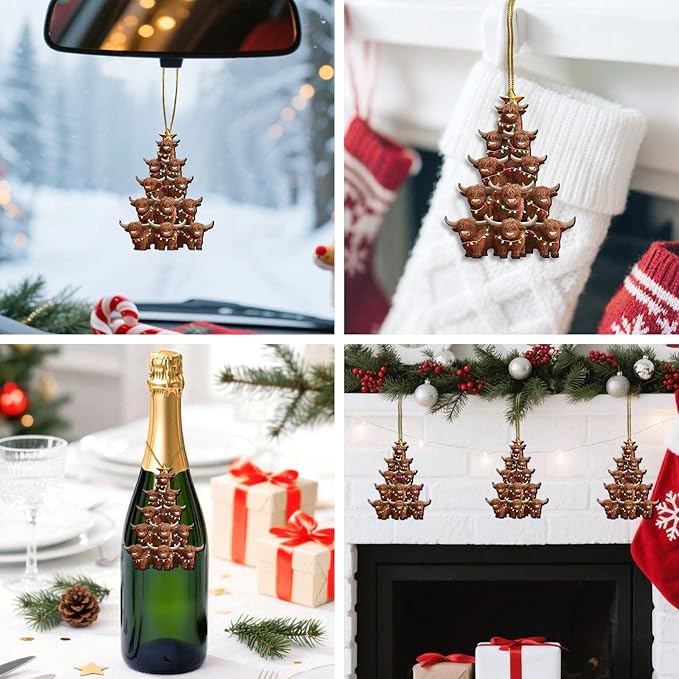 Highland Cow Christmas Tree Wooden Ornament – Cute Farm Animal Holiday Decor for Tree, Gifts for Cow Lovers, Rustic Wooden Christmas Decoration